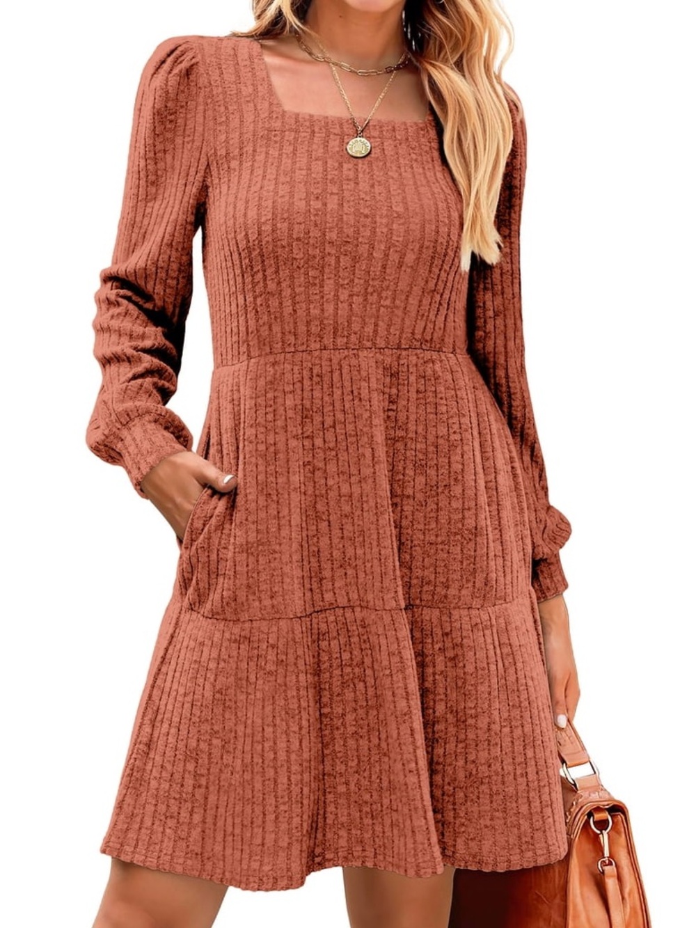 Tiered Square-Neck Long Sleeve Knit Dress in Rust